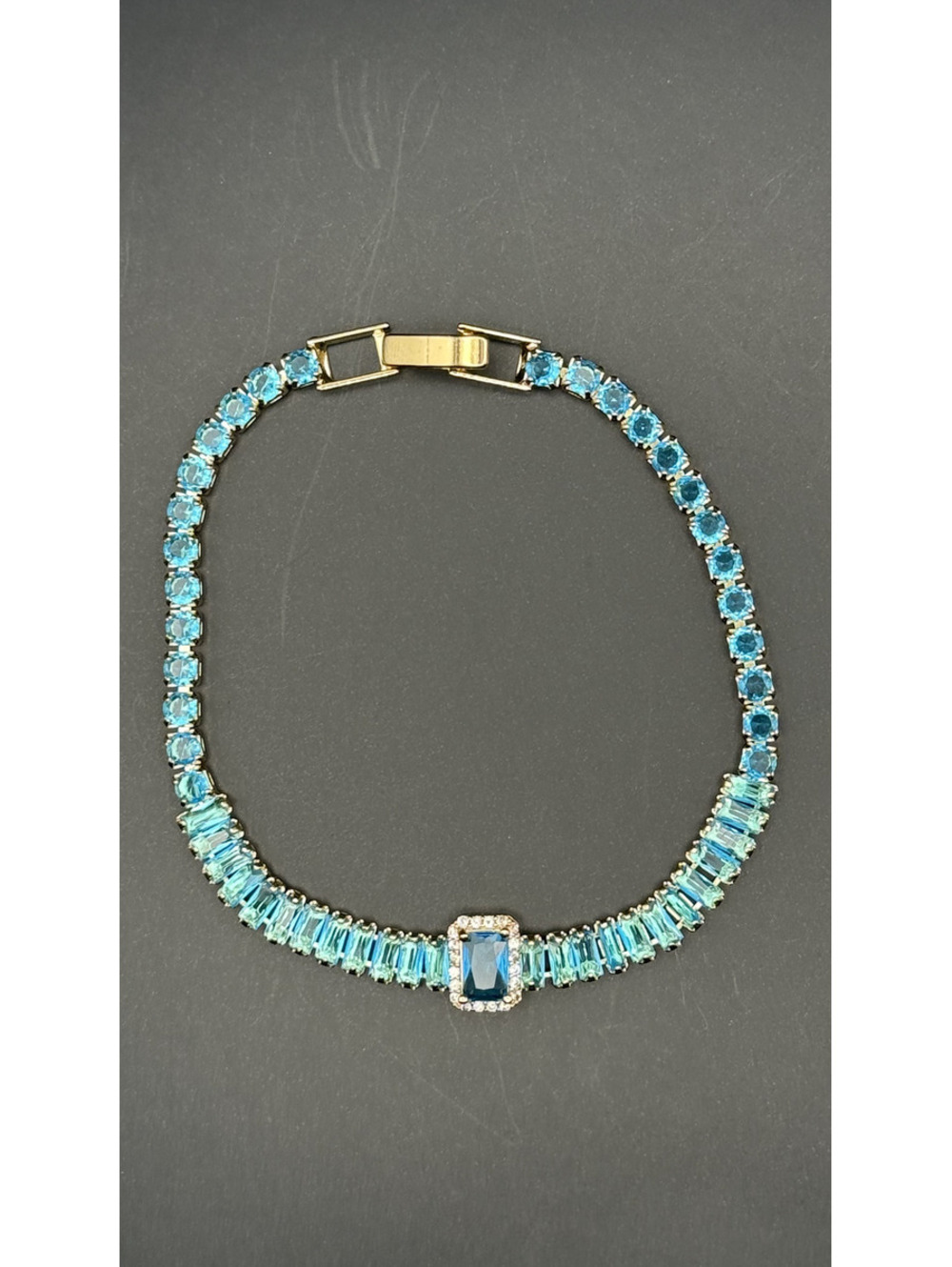 candy+clover aqua crystal baguette gold tone tennis bracelet